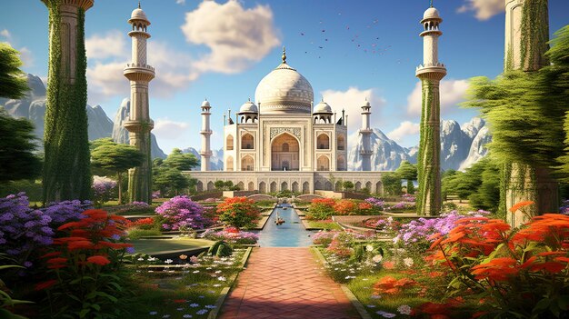 Photo une photo du taj mahal encadrée par un jardin luxuriant et coloré