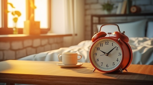 Photo du thé au café du matin avec horloge sur la table