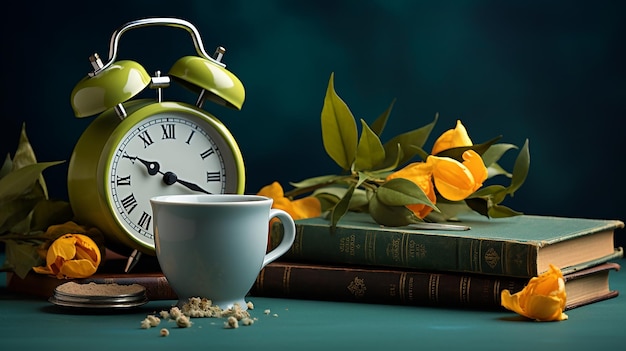 Photo du thé au café du matin avec horloge sur la table