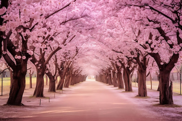 Photo du tunnel de fleurs de cerisier avec cerisier à foyer doux