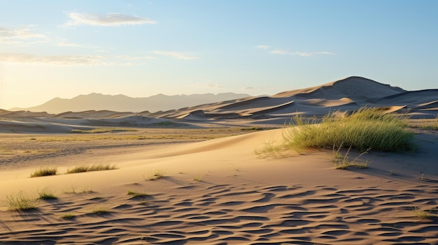 Une photo de dunes de sable avec une oasis lointaine et la douce lumière du matin