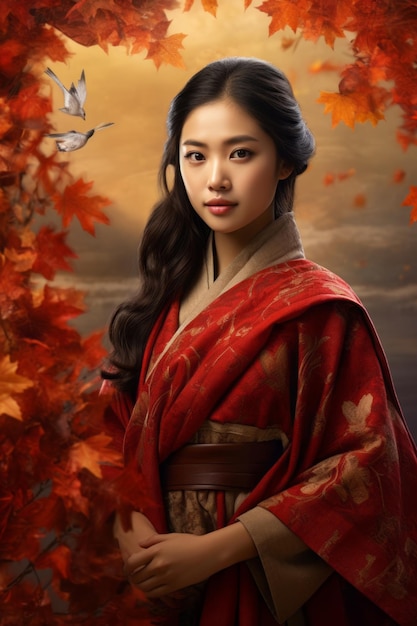 photo de dynamique émotionnelle pose femme asiatique en automne