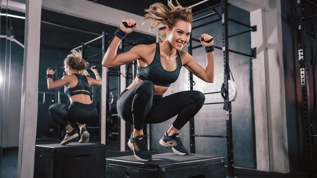 Une photo dynamique et énergique d'une femme attrayante montrant son niveau de forme physique impressionnant