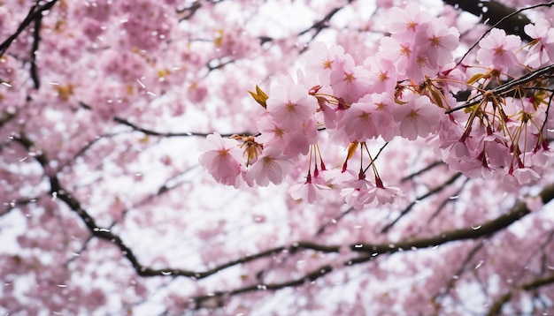 Une photo dynamique de fleurs de cerisier tombant comme des flocons de neige