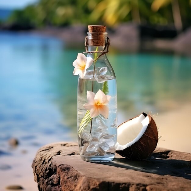 Photo d'eau de coco eau de coco naturelle servie dans une vue frontale transparente BG propre