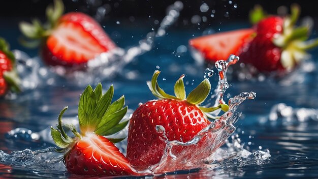 Photo d'eau éclaboussée de fraises fraîches