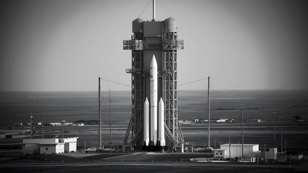 Une photo en échelle de gris de la tour tenant la fusée S.L.S. au centre spatial Kennedy