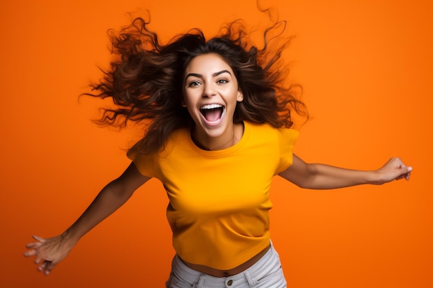 Photo d'une écolière adorable excitée portant un t-shirt rose souriante sautant haut isolée couleur jaune b