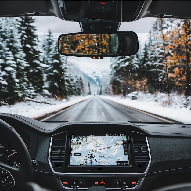 Photo de l'écran de navigation d'une voiture à l'intérieur d'un écran blanc sur fond de neige routière