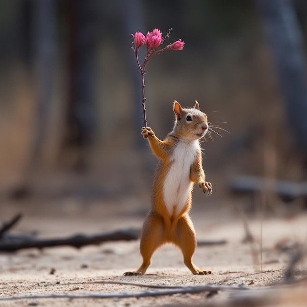 Photo d'un écureuil avec une fleur à la main