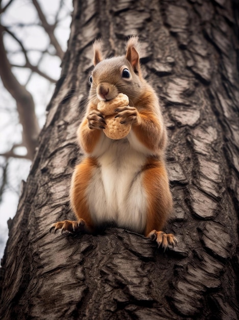 Photo d'un écureuil mangeant des noix sur un arbre