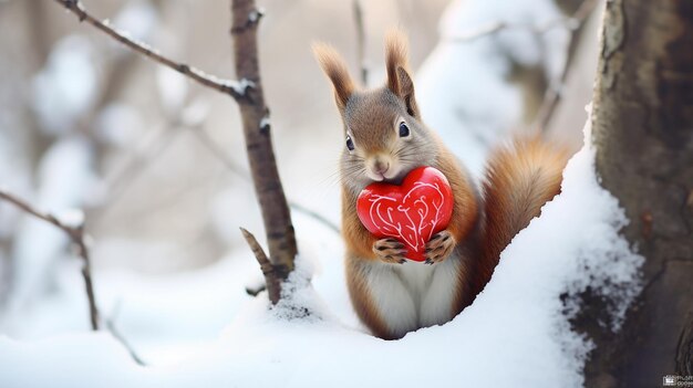 Photo écureuil roux mignon mange une noix en hiver