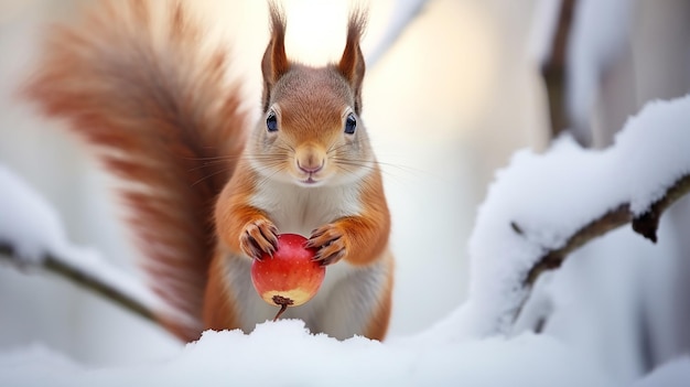 Photo écureuil roux mignon mange une noix en hiver