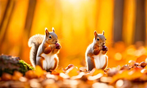 Une photo d'écureuils rassemblant des glands dans une forêt d'automne