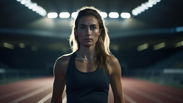 Photo éditoriale d'une femme debout sur la bonne voie le concept de coureur de fitness de nuit