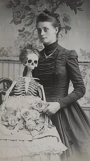 Photo une photo effrayante de 18901900 une femme pose avec le squelette de sa fille