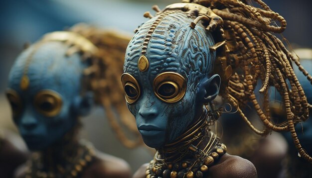 Photo photo effrayante d'aliens africains avec des visages vraiment étranges dans des costumes sophistiqués