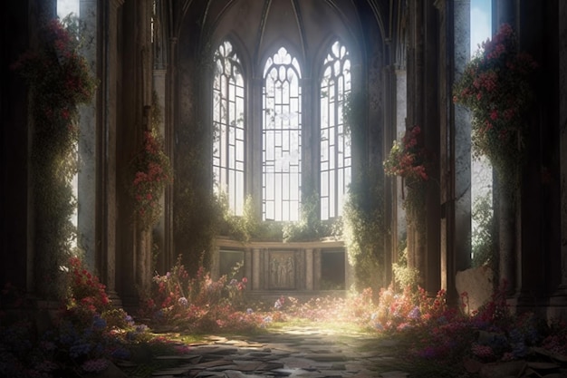 Une photo d'une église en ruine avec un arrangement floral au milieu.