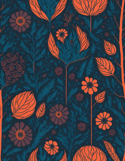 Photo d'un élégant motif floral en orange et bleu sur un fond noir spectaculaire