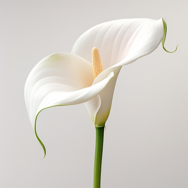 Une photo élégante en gros plan d'un lys calla blanc sur un fond blanc minimaliste