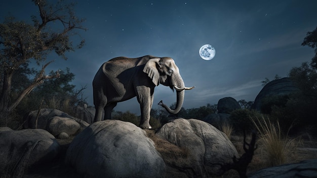 Une photo d'un éléphant dans la nuit avec la lune en arrière-plan