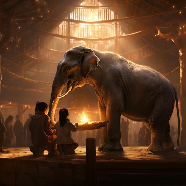une photo d'un éléphant et d'une femme assise devant un feu.