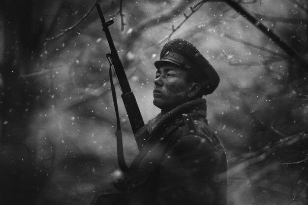 Une photo émouvante d'un soldat de la Seconde Guerre mondiale une expérience tragique de guerre un portrait convaincant reflétant la profondeur de la souffrance et de l'héroïsme dans la lutte pour la liberté