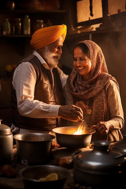 Une photo émouvante d'un vieux couple préparant le petit déjeuner ensemble dans leur cuisine traditionnelle