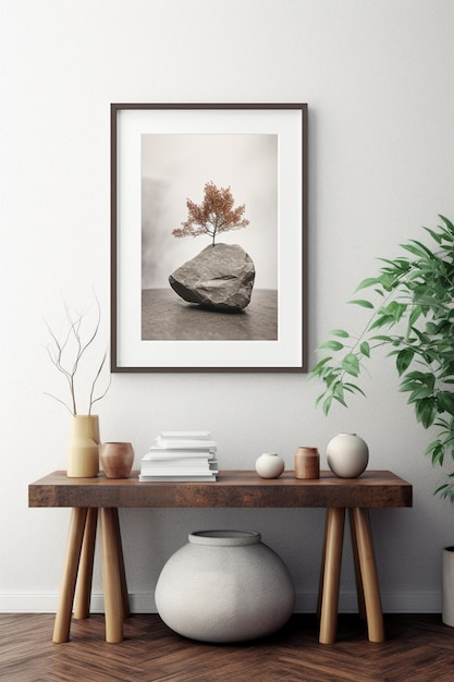 Une photo encadrée d'un arbre sur un rocher est accrochée au mur.