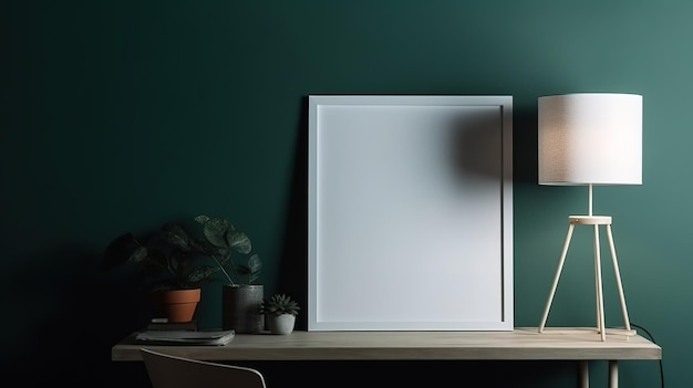 Une photo encadrée de blanc sur un bureau à côté d'une lampe.