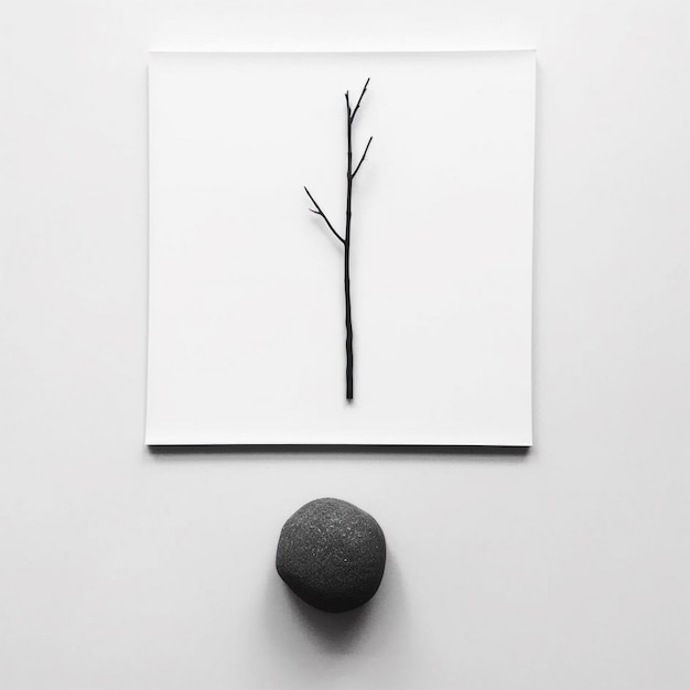 Photo une photo encadrée blanche d’un arbre et d’un rocher.