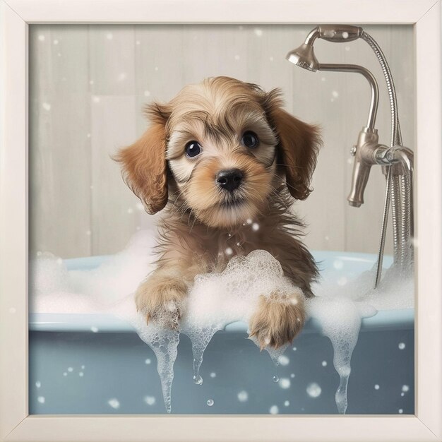 Une photo encadrée d'un chien dans une baignoire avec des bulles et de l'eau.