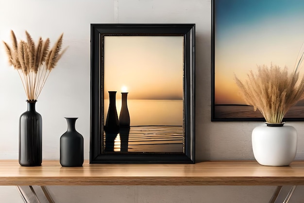 Une photo encadrée de deux vases et une photo d'un coucher de soleil sur une table.