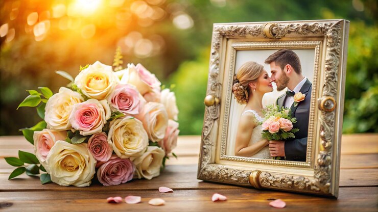 Photo une photo encadrée d'une mariée et d'un marié
