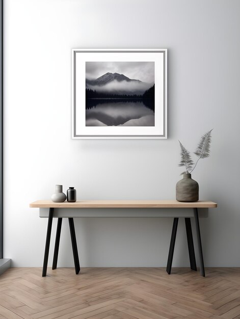 Une photo encadrée d'une montagne et d'un lac sur un mur.