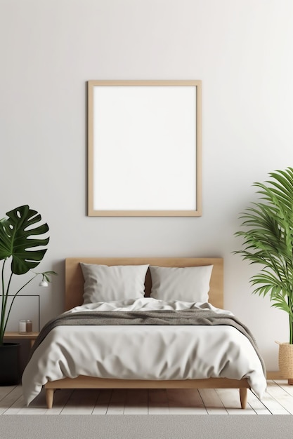 Une photo encadrée sur un mur au-dessus d'un lit avec une plante dessus.