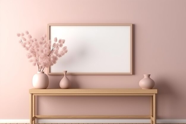 une photo encadrée sur un mur avec un mur rose et une cheminée.