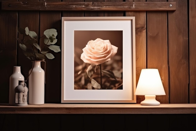 une photo encadrée d'une rose et d'un vase avec des fleurs.