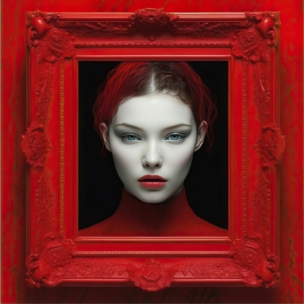 Une photo encadrée rouge d'une femme aux yeux rouges et aux cheveux rouges.