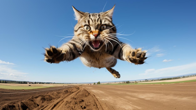 Une photo enchanteuse d'un chat tabby ludique sautant dans les airs captivant les regards des spectateurs