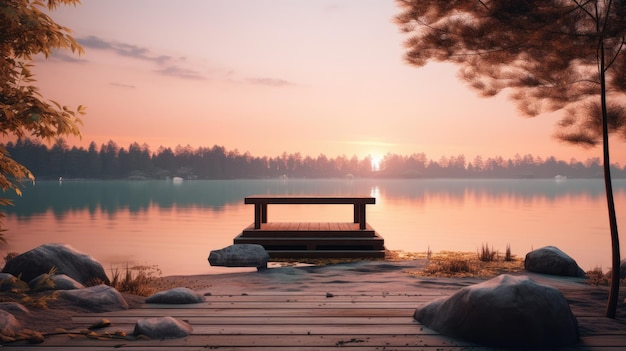 Une photo d'un endroit de méditation au bord du lac avec un coucher de soleil calme