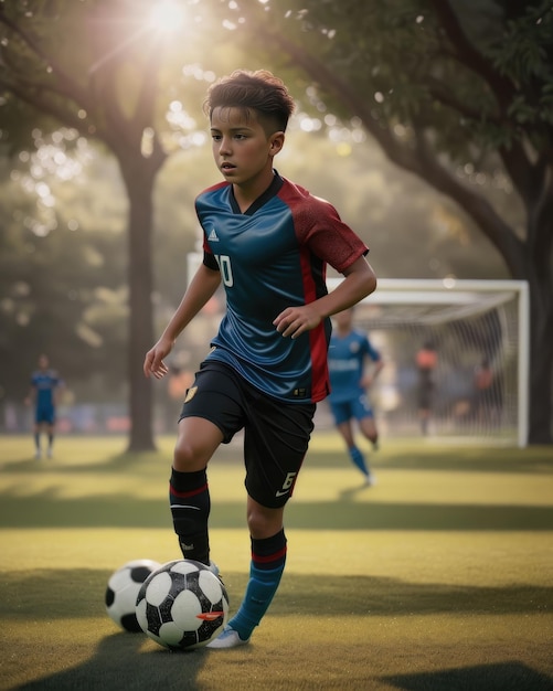 Photo d'un enfant jouant au football dans le parc