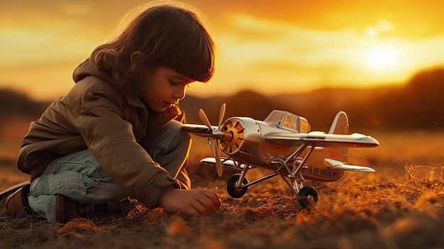 Photo une photo d'un enfant jouant avec un avion jouet heure d'or