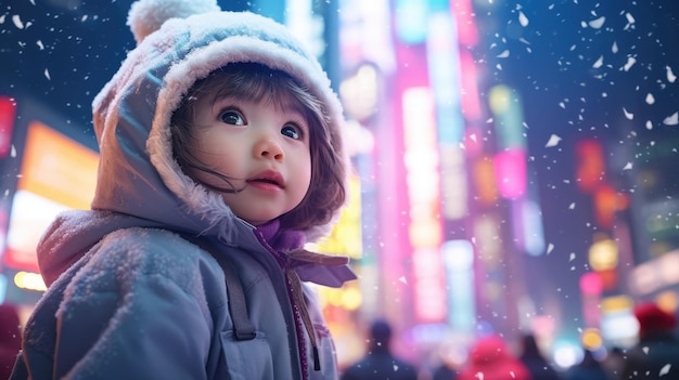 photo d'un enfant jouant à la neige remplissant l'air à Shibuya Tokyo ai généré