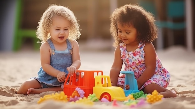 Photo photo d'enfants heureux jouant avec des blocs et des jouets