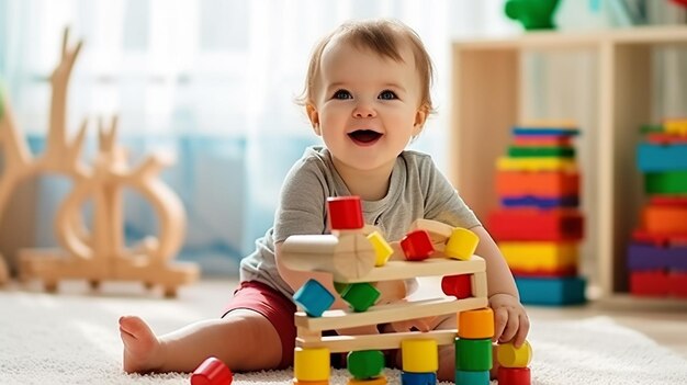 Photo d'enfants heureux jouant avec des blocs et des jouets