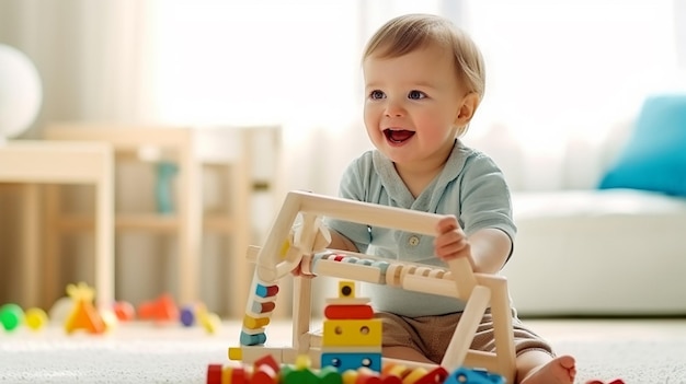 Photo d'enfants heureux jouant avec des blocs et des jouets