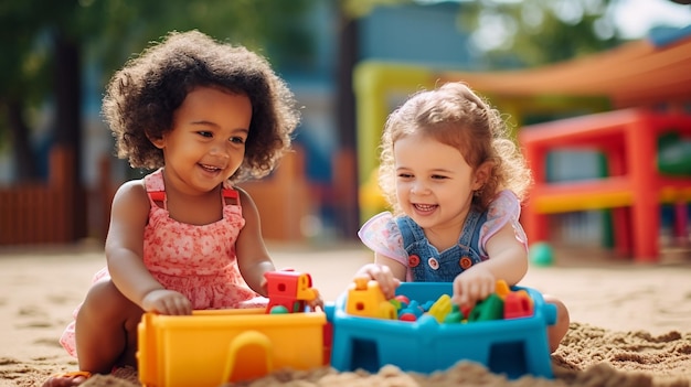 Photo d'enfants heureux jouant avec des blocs et des jouets