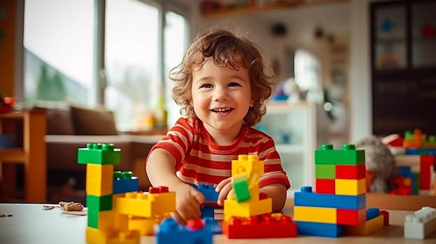 Photo d'enfants heureux jouant avec des blocs et des jouets