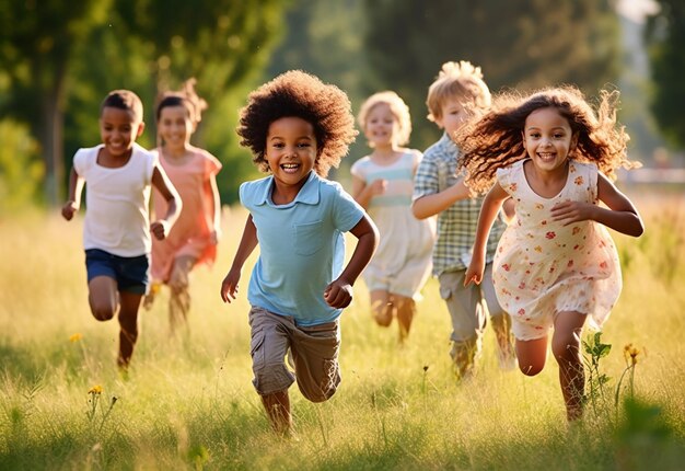 Photo photo d'enfants mignons qui courent et jouent sur le pré vert en été